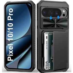 For Google Pixel 10 & 10 Pro Case Wallet, Card Holder (4-5 Cards), Slide Camera Cover, Military Drop Protection, Heavy Duty Shockproof Rugged Men Women Phone Case for Pixel 10 & 10 Pro, Black