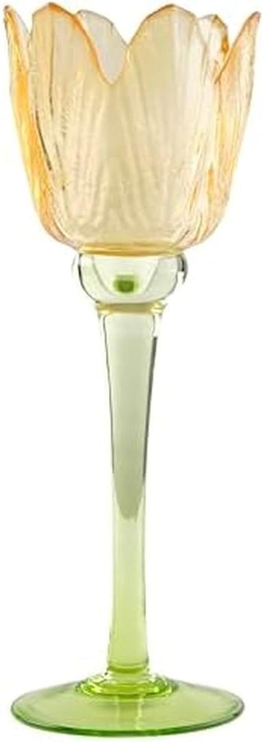 Dolly Parton Yellow and Green Flower Shaped Glass Votive or Tealight Candle Holder, 3.14x3.14x8.85 Inch