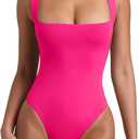 REORIA Butsmooth Womens Sexy Sleeveless Square Neck Double Lined Basic Bodysuit Tank Tops (Medium, Neon Rose Red)