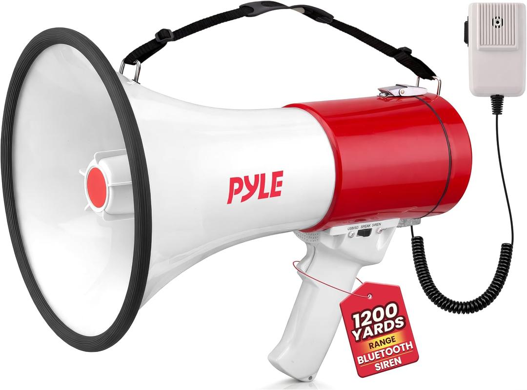 Pyle Megaphone - 50 Watt Bluetooth PA Bullhorn with Adjustable Volume Control, 1200-Yard Range, USB/SD/AUX Inputs for Music, Ideal for Sports, Cheer & Coaching