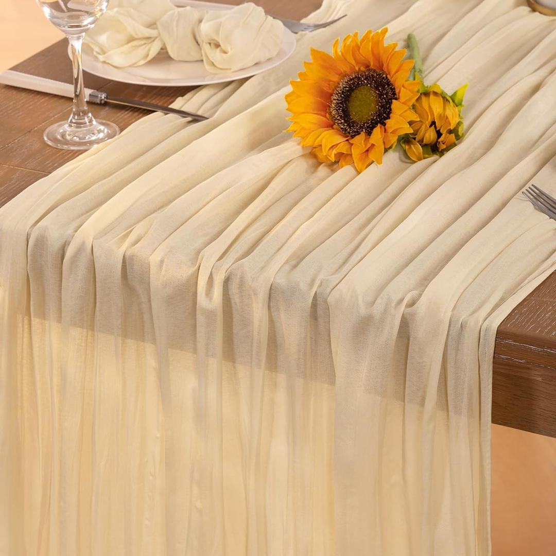 Beige Cheesecloth Table Runner Summer Sheer Cream Cheese Cloth Table Runner 120 Inches Boho Gauze Summer Table Decorations for Wedding Bridal Baby Shower Garden Party Decor
