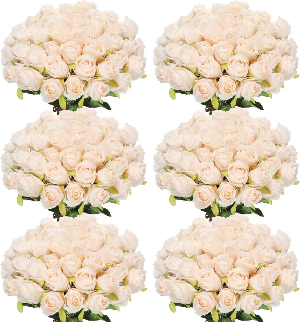 Jexine 50 Pcs Artificial Rose Flower Bulk Realistic Silk Fake Roses with Long Stem Plastic Artificial Flower Bouquet Real Looking for Home Wedding Centerpieces Party Decoration(Beige Champagne)