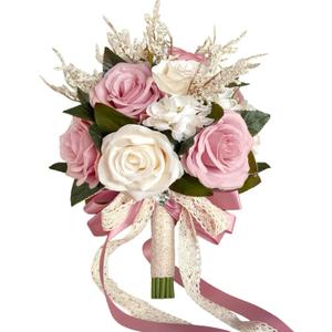 9 Inch Dusty Pink Wedding Bouquets for Bride Bridesmaid, Artificial Fake Roses Flowers Champagne Ivory Pastel Pink Bridal Bouquet Spring Fall Boho Rustic Wedding Decoration Toss Bouquet Prom