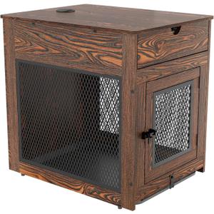 Piskyet Dog Crate Furniture,Wooden Dog Crate End Table with Storage Drawer&Cushion&Tray, QC3.0 Wireless Charging,Dual USB,Medium Dogs Rustic Style (28.5"L x 21.5"W x 30.5"H, Rustic Brown)