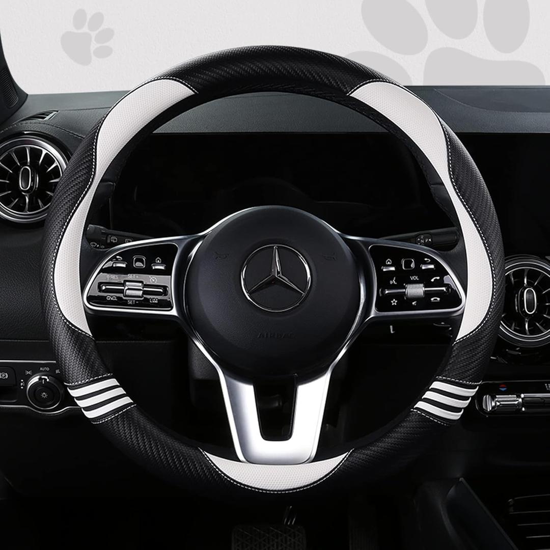 Car Steering Wheel Covers for Women Padded Carbon Fiber PU Leather Cute Auto Interior Accessories for Vehicle, Sedan, Universal, Anti Slip, White, Standard Size 14.5-15"(37-38cm)