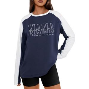 Long Sleeve Mama Shirts for Women Mama Letter Printed T Shirt Auntie Graphic Tees Funny Mom Pullover Top (Blue, M)