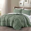 TRP 3-Piece Luxury Microfiber Fluffy Down Alternative Comforter Set Queen Size | Plush Soft Cozy Sage Green Solid Color Box Stitch Pattern Fall Western Bedding | Lightweight Fuzzy Texture Piped Edges