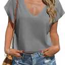 Tankaneo Womens Cropped Deep V Neck T Shirts Summer Casual Short Cap Sleeve Tops Loose Fit Basic Tee, M, Grey