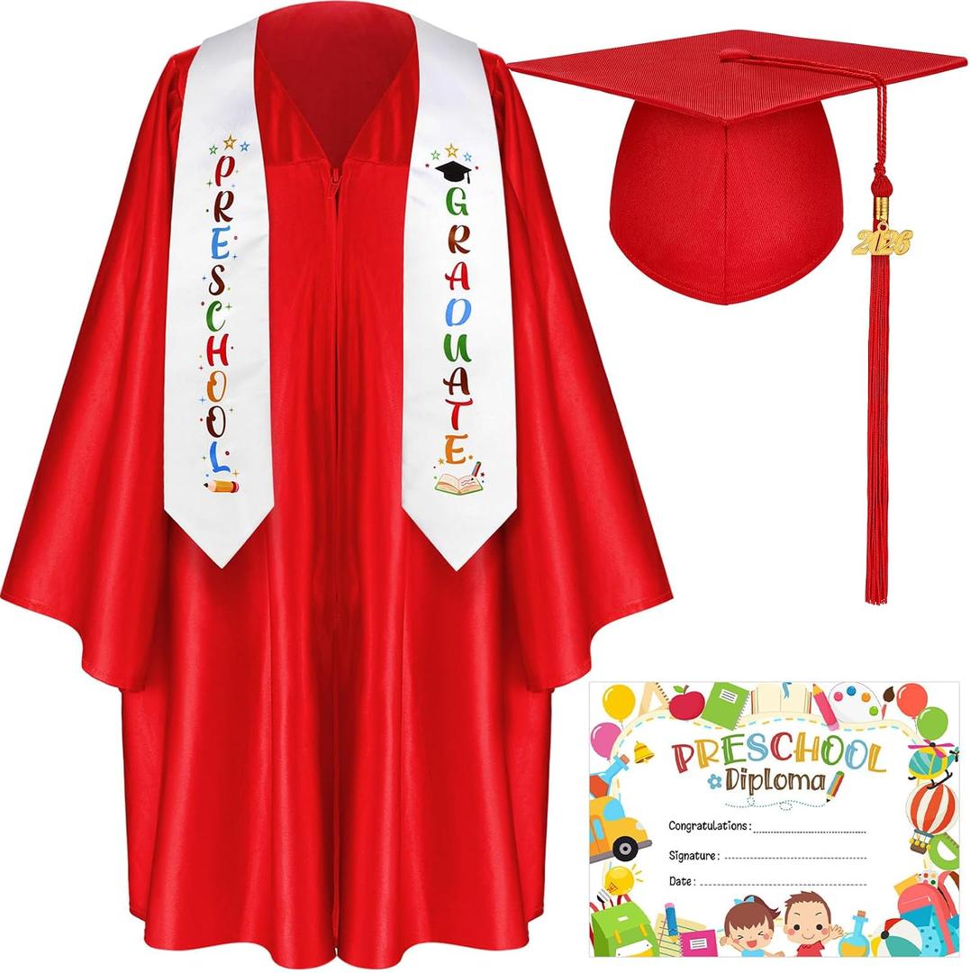 Sureio 6 Pcs Kindergarten Preschool Graduation Cap and Gown 2026 Tassel Stole Certificate for Toddler Kids (Red) S