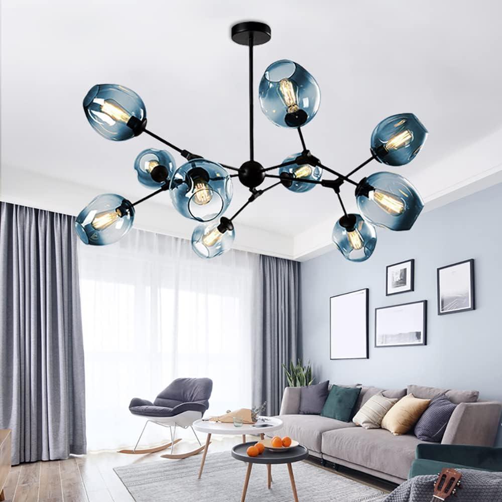 Sputnik Glass Chandelier, Modern 10 Lights Pendant Light Fixture, Mid-Century Blue Glass Hanging Light for Dining Room Living Room