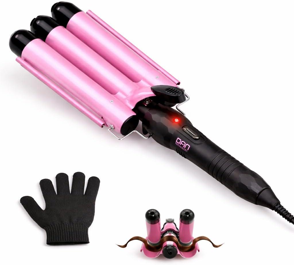 Three Barrel Curling Iron 1 Inch, 2 Heat Settings 320F/410F, Ceramic Triple Hair Waver for Beach Waves, Dual Voltage 110-240V, Auto Shut-Off, Glove Included, Pink