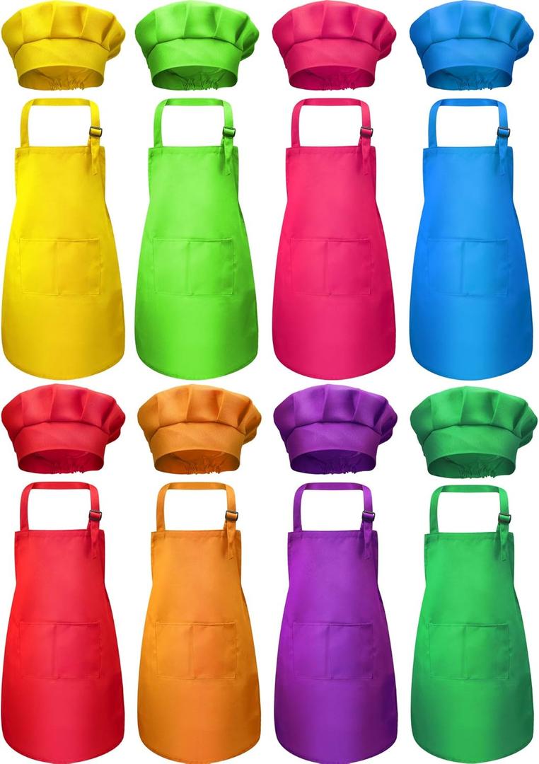 SATINIOR 8 Set Kids Apron and Chef Hat Set Kids Apron with 2 Pockets Adjustable for Boys Girl's Cooking Baking Painting (Multi-Color,S for 2-6 Age)