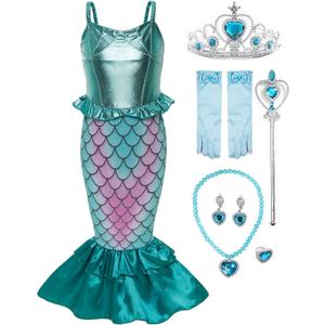 Funna Girls Mermaid Costume Princess Dress Up with Accessories Green, 7-8 Years