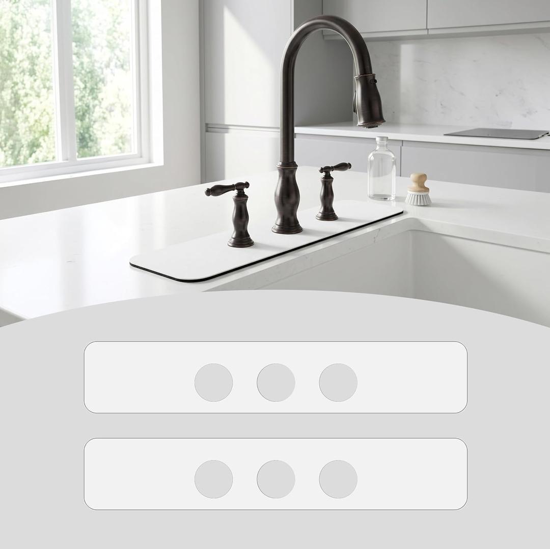2PCS Faucet Mat for Bathroom Sink 3 Holes: 24Lx4.5W White Splash Guard Fits 8 Inch Widespread Farmhouse Vintage Bridge Kitchen Vanity Faucet - Customizable Counter Protector for Irregular Sink