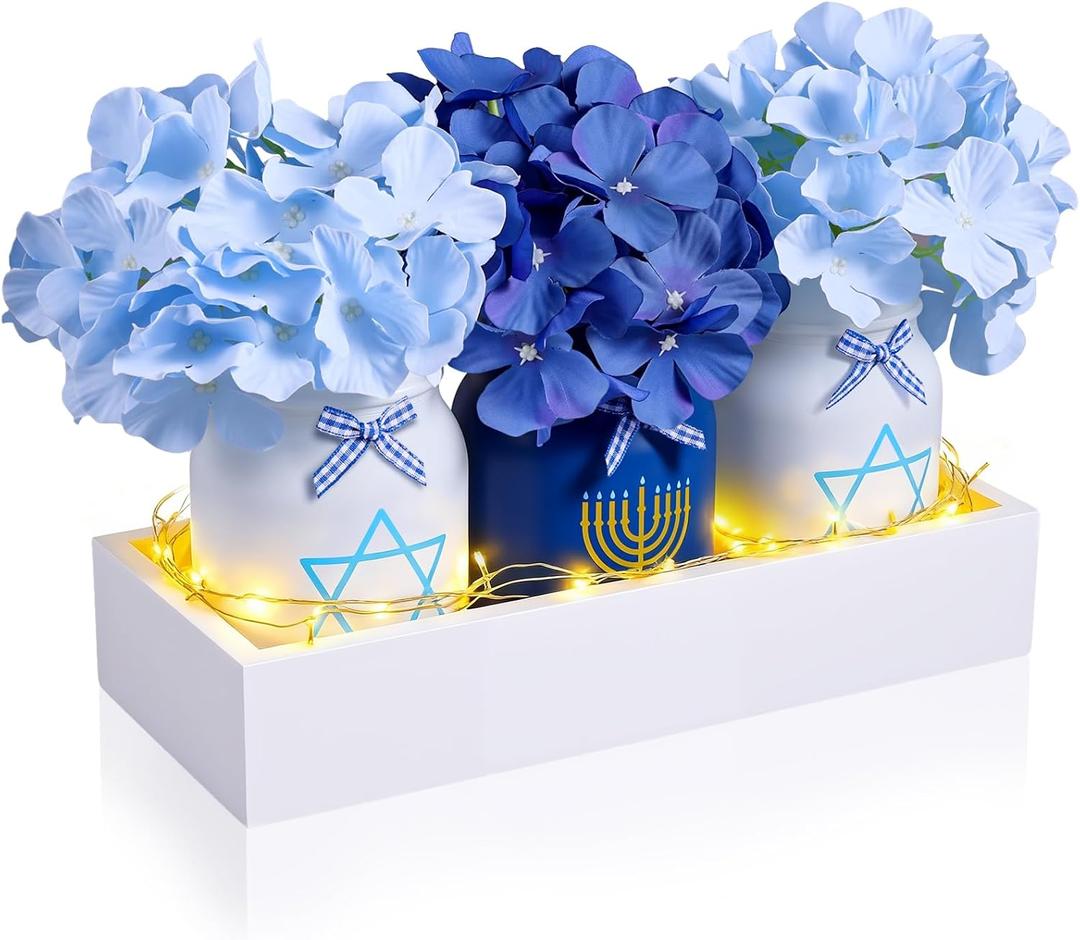 Hanukkah Mason Jar Floral Arrangement Table Centerpieces Set - 3 Glass Jars with Fairy Light String, Wooden Tray & Blue Hydrangeas Jewish Holiday Decor for Table Farmhouse Kitchen Office Wedding