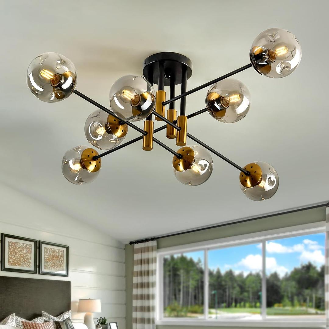 8 Light Glass Globe Ceiling Light Black and Gold Mid Century Flush Mount Sputnik Light Fixture Bubble Chandelier Living Room Farmhouse for Dining Room Kitchen Bedroom