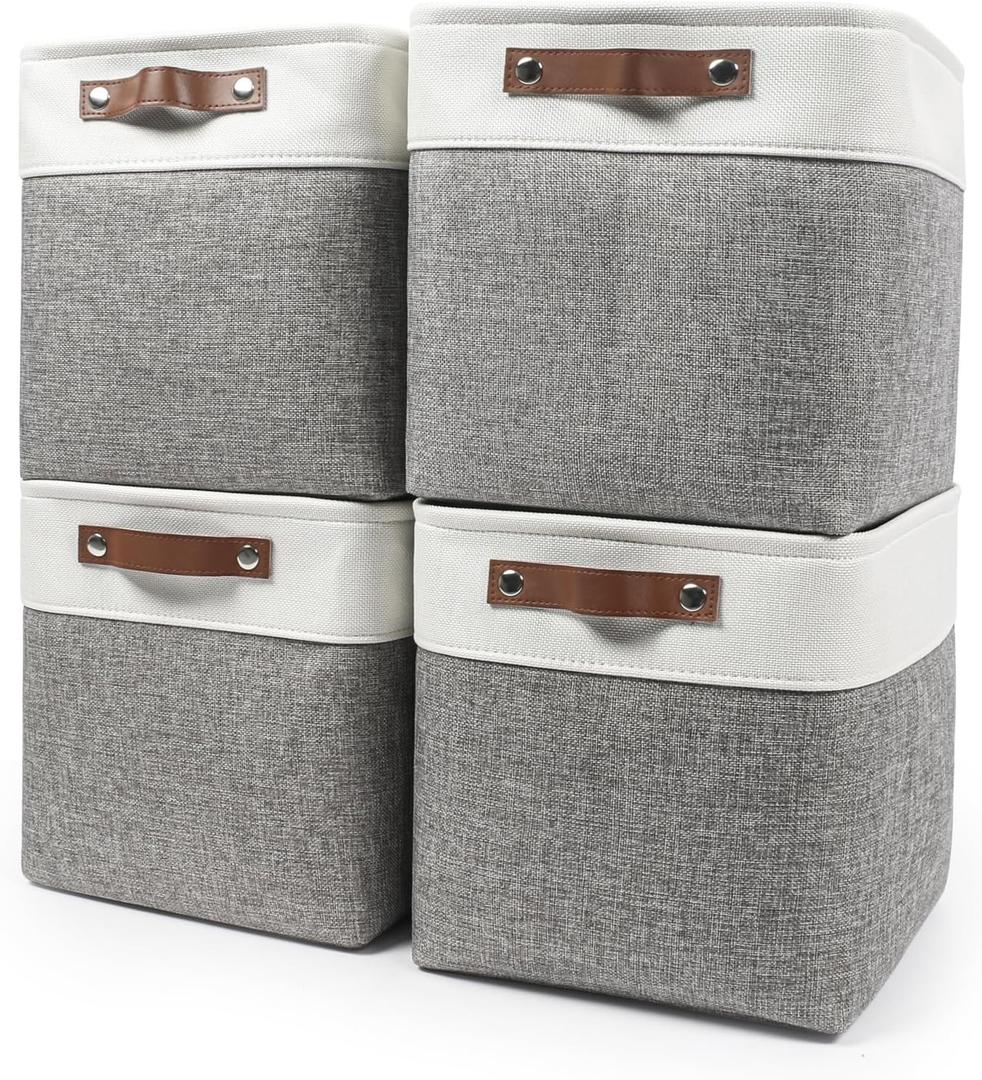 13x13 Cube Storage Bins, Collapsible Fabric Storage Box, 4 Pack Closet Baskets with Handles for Organizing, Shelf, Toys, Clothes, Home, Office, Nursery (Grey&White)