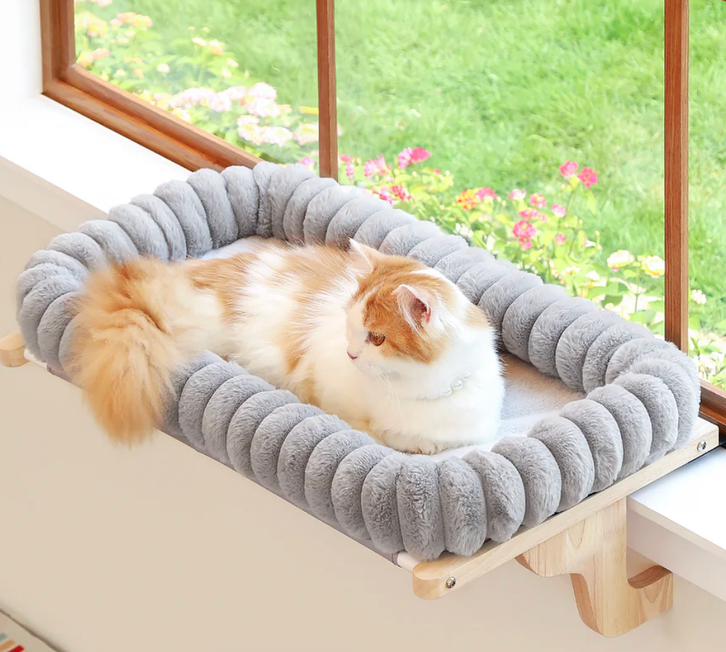 Zakkart SnugCloud Cat Window Perch with 4Sided Bolster  Orthopedic Cat Hammock for Window Sill  Solid Hardwood & Metal Frame  Window Seat for Pets (Natural Color Wood w/Brown Bed, Medium)