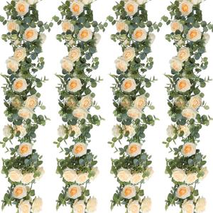 Riceshoot 4 Pack 26 ft Artificial Eucalyptus Vines Garland with Flowers Fake Floral Flower Garland Rose Wreath for Wedding Party Arch Table Decor Backdrop Decorations(Champagne)