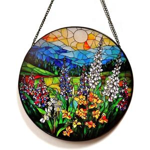 Stained Glass Suncatcher,Wildflower Stained Glass Window Hanging, Mountain Landscape Sun Catcher, Stained Glass Art, Floral Window Decor Gifts (9.8 in, Colorful Flowers)