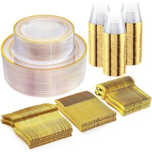 WELLIFE 300Pcs Clear Gold Dinnerware, Clear and Gold Plates Heavy Duty, Including 50 Dinner and 50 Dessert Plates, 50 Cups, 50 Silverware