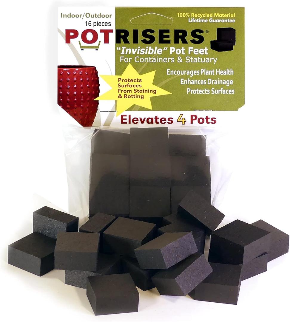 (Small 1" x 1" x 1/2" - 16 Pack) Outdoor Plant Risers & Drainage Pot Feet for Planters, Pots, or Statues  Elevates up to 5  Ideal for Patios, Decks, and Gardens (Black)