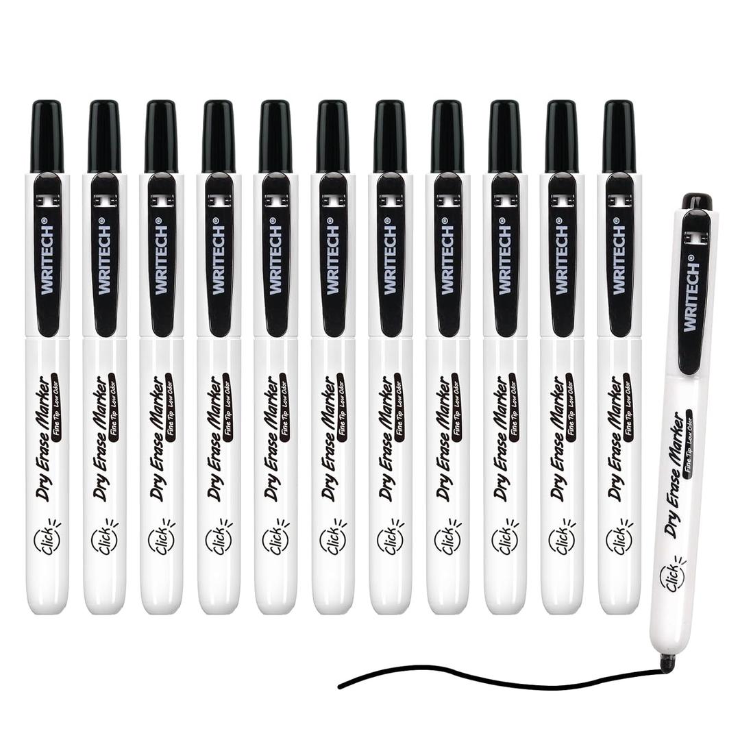 WRITECH Retractable Dry Erase Markers: Fine Point Clickable Black Colored Ink Marker Low Odor Erasable Thin Tip Refillable Whiteboard Marker Pen Set 12ct No Bleed Smear