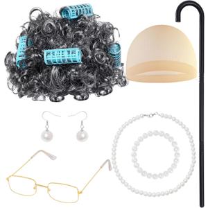 baotongle Old Lady Costume Set: Wig, Glasses, Necklace, Earrings, Bracelet - Grandmother Dress Up Accessories for Women - Halloween, Christmas, Birthday, Masquerade, Cosplay