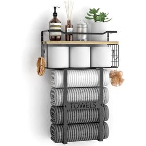 Towel Racks for Bathroom Wall Mounted - Bath Wall Towel Holder Set Above Toilet Storage, Rolled Towel Shelf Organizer for Small Bathroom, Wood Vertical Towel Rack for Bathroom Wall Decor