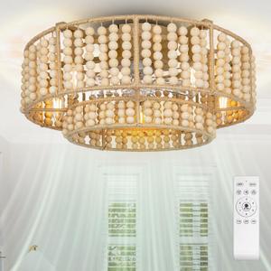 Boho Wood Beaded Layered Fandelier, 20" 6-Speed Flush Mount Ceiling Fan Chandelier with Light & Remote Control Enclosed Bladeless Low Profile Low Noise for Kitchen Bedroom Living Room Patio