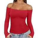 REORIA Womens Long Sleeve Off The Shoulder Tops Going Out Cute Basic Y2K Fall Fashion 2025 Outfits Clothes (Small, Red)