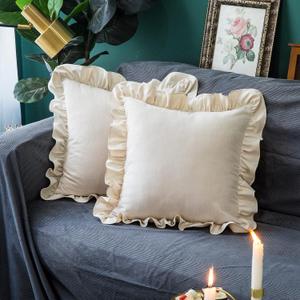 Throw Pillow Covers 2 Pack 100% Cotton Retro Ruffle Flounces Trim Solid Beige Square Decorative Pillow Cases for Farmhouse Cushion Case for Home Sofa Couch Decor 18x18 Inch