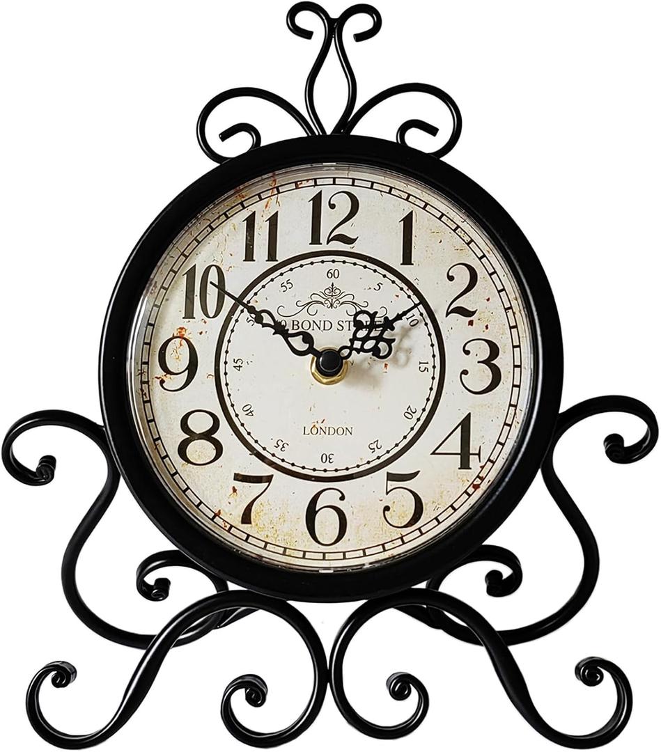 HZDHCLH Vintage Table Clocks for Living Room Bedroom Decor, Silent Decorative Farmhouse Shelf Clock Battery Operated, Small Rustic Mantel Clock with Roman Numerals (Black,11 inch)