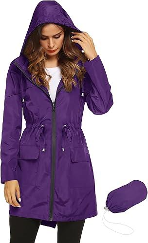 Women Waterproof Lightweight Rain Jacket Active Outdoor Hooded Raincoat, Size L, Purple