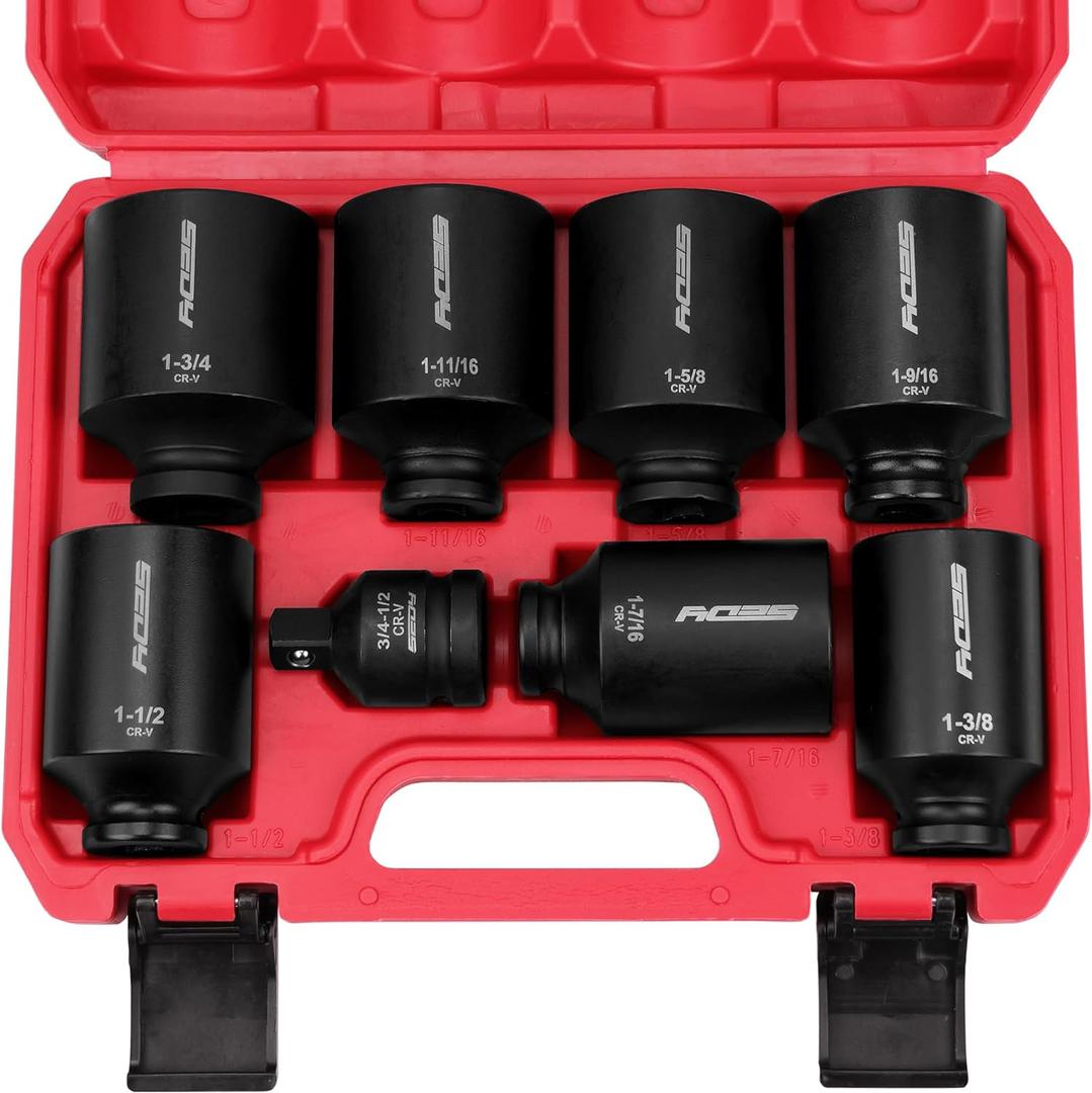 SAE Deep Impact Socket Set 8-Piece 1/2-inch Drive Wheel Axle Nut Wrench Large Sockets Standard Adapter 1-11/16 1-9/16 1-3/8 1-7/16 1-1/2 1-5/8 1-3/4 Imperial Spindle Joint Torque Bearing Locknut Truck