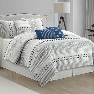 LANCO MODERN LIFESTYLE Queen Comforter Set, Azure, Jacquard Clip Striped Design, Elegant Soft 7 Pieces Bedding Set for All Seasons, Matching Bedskirt, Pillow Shams and Decor Pillows