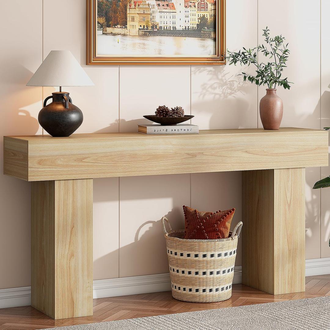 knoworld 63 Inch Long Console Table for Entryway, Farmhouse Wood Rectangular Sofa Table Behind Couch Table, Narrow Entryway Table for Living Room, Entrance, Hallway, Foyer, Easy Assembly (Natural), 63" W x 11.81" D