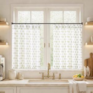 Pinch Pleat Cafe Curtains 36 Inch Length for Kitchen Small Window Farmhouse Pattern Curtains,Beige and Wihte Block Print Vintage Boho Floral Linen Sheer Short Curtain Cortinas para Cocina