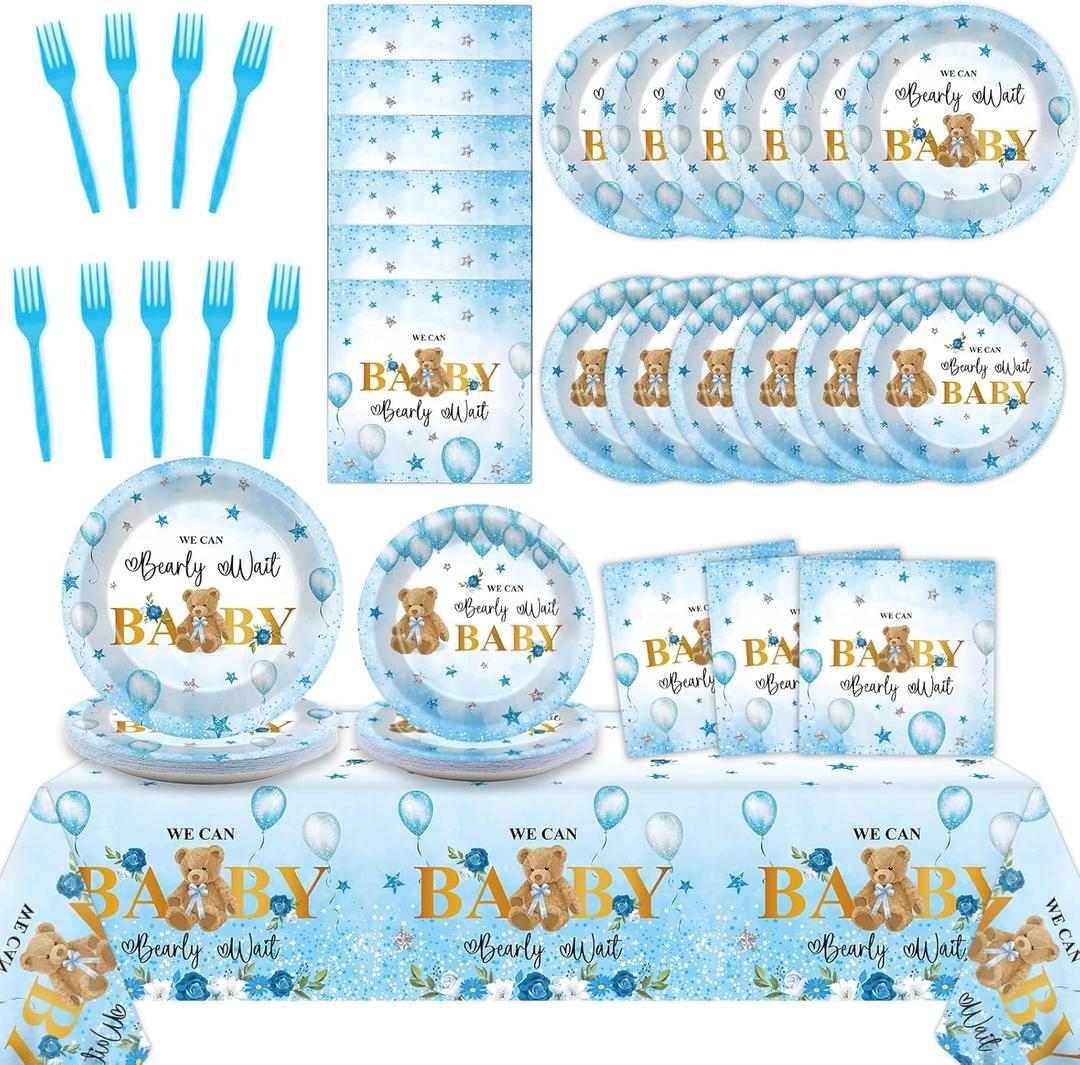 Tevxj 98 PCS Bear Baby Decorations We Can Bearly Wait Tableware Set Themed Tablecloth Plates Boho Napkins Forks for Boy Girl Baby Shower Gender Reveal Birthday Party Supplies
