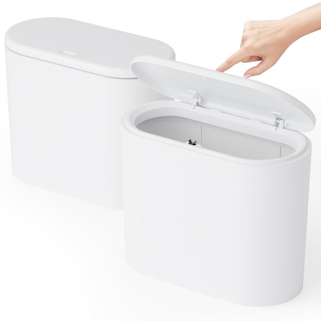 White 12 Liter Rectangular Plastic Small Garbage Can With Lid,2 Pack 3.17 Gallon Slim Bathroom Trash Can with Lid and Dog Proof Garbage Can and Wastebasket,Lidded Trashcan for Bedroom,Rv,Dorm,Office