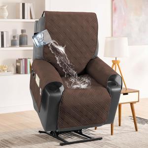 100% Waterproof Power Lift Recliner Cover with Side Pocket Electric Lift Recliner Slipcovers Fitted Standard Large Power Lift Recliner Non Slip Recliner Slipcovers for Elderly (Brown)