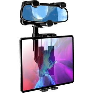 Car Rearview Mirror Tablet Mount, Truck Rear View Mirror Tablet Phone Holder Bracket with Adjustable Arm [Rotatable 360 & Retractable] for iPad Air Mini, Galaxy, Fire, iPhone, 4-11"