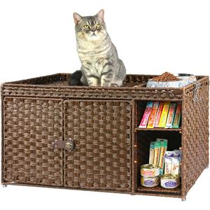 Aesthetic Cat Litter Box Enclosure, Handwoven Rattan Hidden Litter Box Furniture with Extra Mat and Fence, Large Space Litter Box Cover with Divider for Bedroom Living Room Balcony, Brown