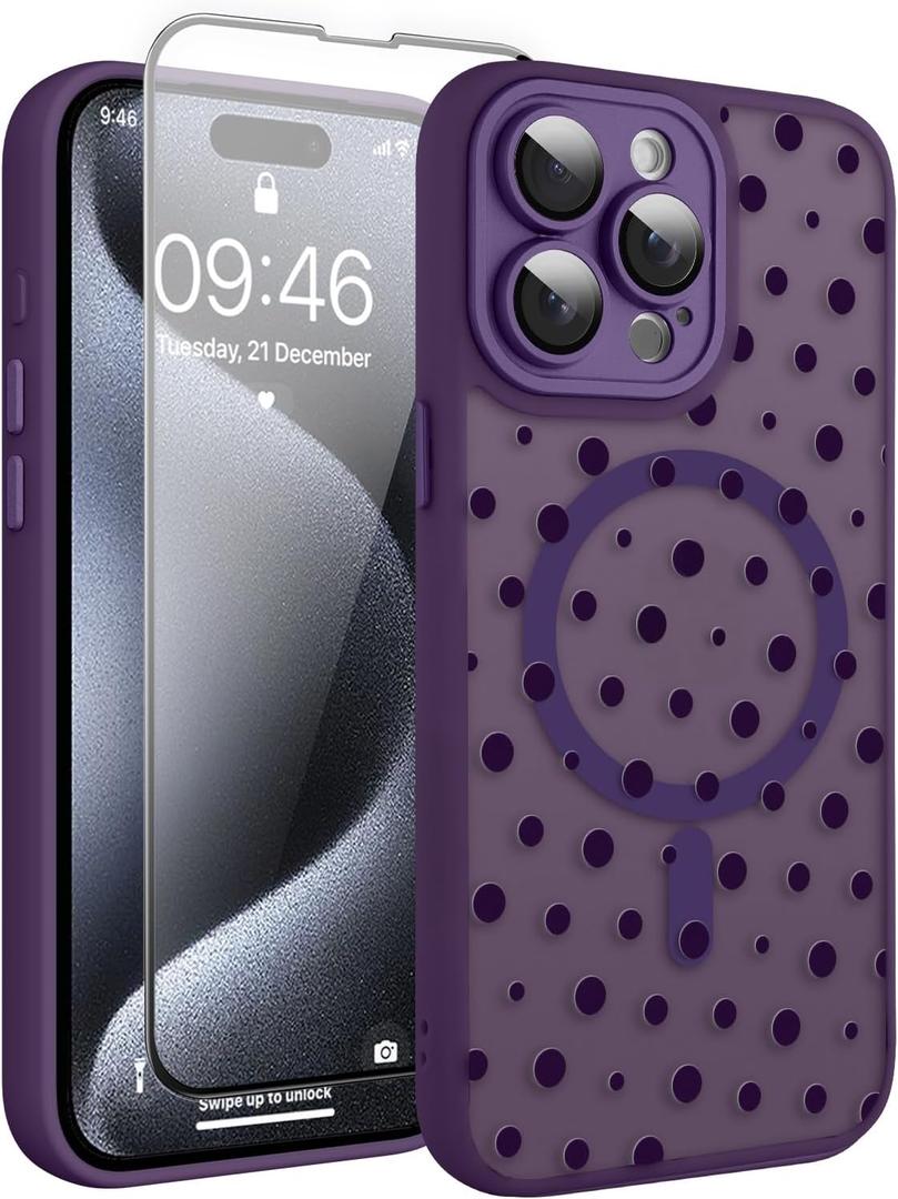 Magnetic for iPhone 15 Pro Max Case with Screen Protector [Compatible with MagSafe] Pretty Polka Dot Pattern Design, Shockproof Slim Cover for Women Girls, Dark Purple