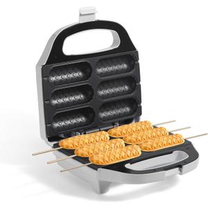 Corn Dog Waffle Maker, Hot Dog Waffle Machine with Non-stick Coating Plate, Hot Dog Maker Toaster Make 6 Corn Dogs, Corn Dog Waffle Machine Make Corn Dog in Minutes, Easy to Clean, White