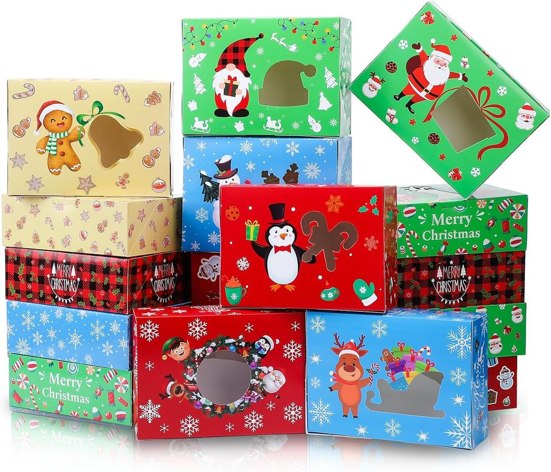 Cholemy 50 Pack Christmas Treat Gift Boxes Holiday Xmas Cookie Box Loaf Pastry Box with Clear Transparent Window with Lids Xmas Party Favor Supplies (Multi Color, 8.27 x 5.91 x 2.76 Inches)