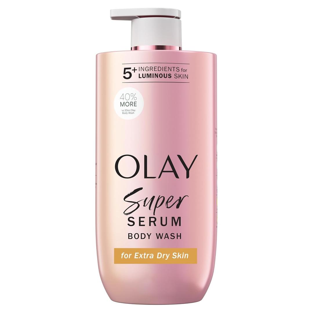 Olay Super Serum Body Wash for Extra Dry Skin, 24hr Long Lasting Rich Hydration, 5+ Ingredient Complex for Bright, Even, Firm, & Luminous Skin, with Collagen Peptide, Vitamin C & Shea Butter, 28 fl oz