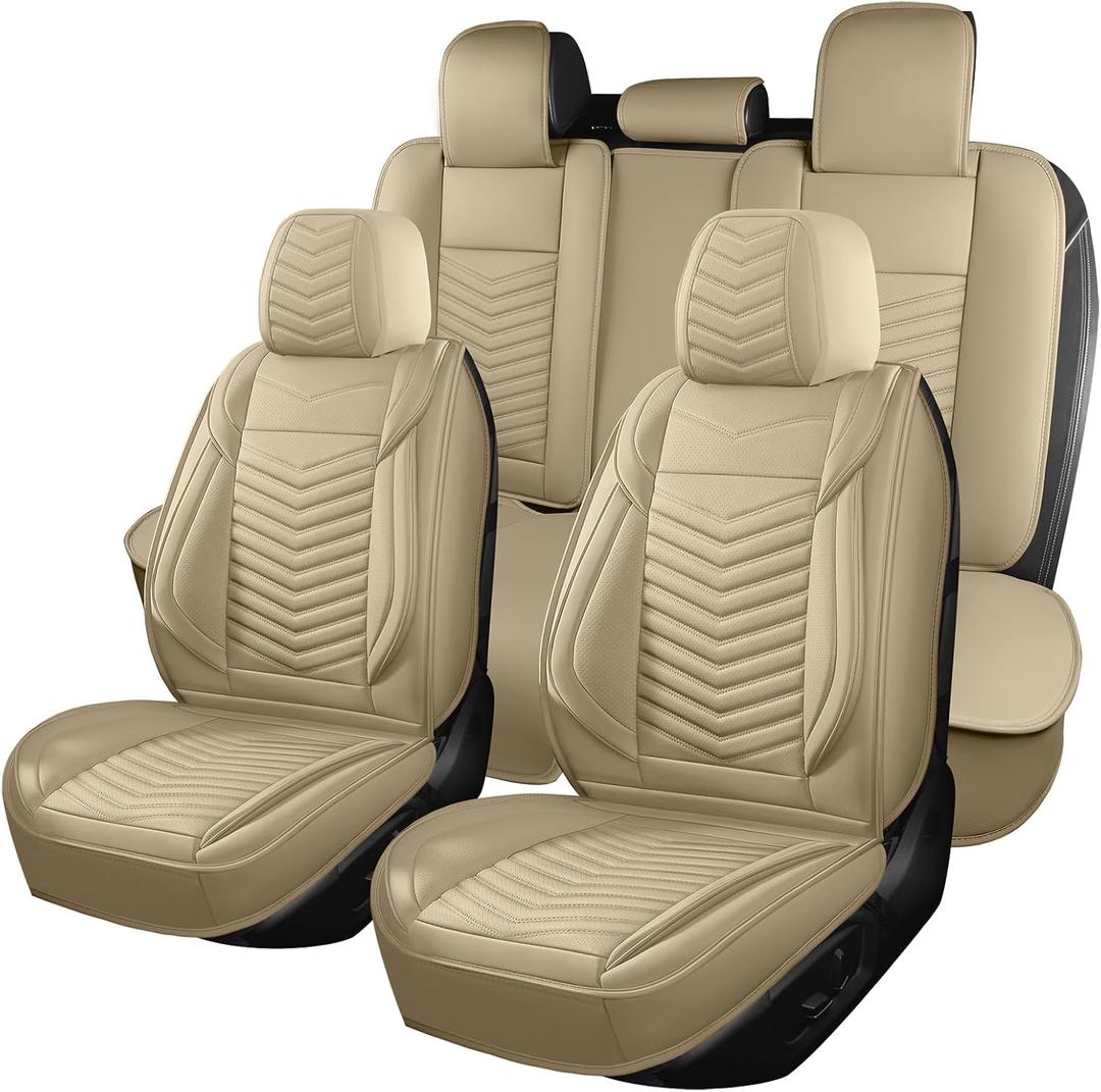 Car Seat Covers,Breathable and Waterproof Leather Automotive Seat Covers for Cars,Anti-Slip Driver Seat Cover with Backrest for SUV Pick-up Truck Sedan(Style1,5 PCS Full Set,Beige)