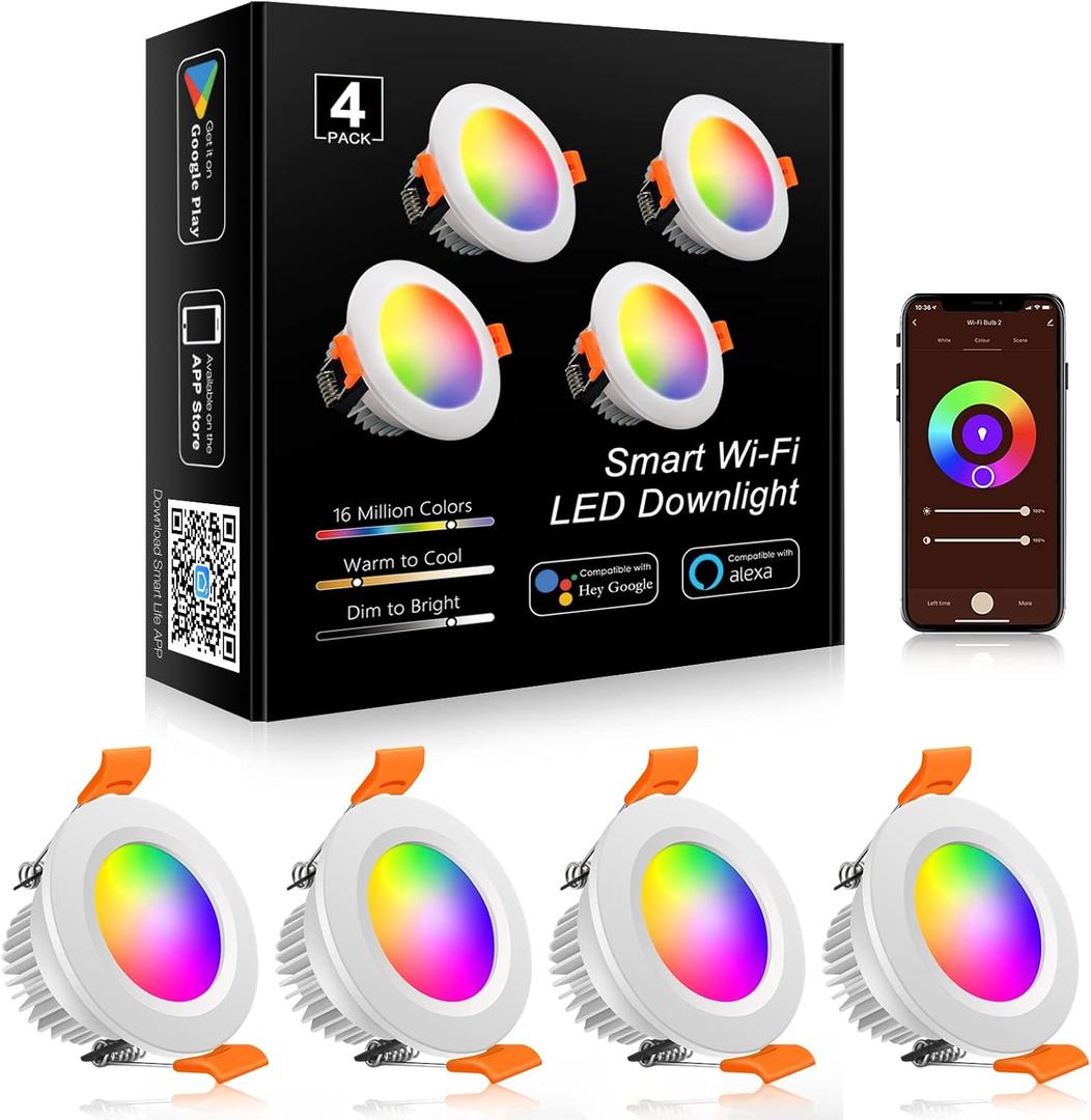 YGS-Tech Smart 2 Inch LED Recessed Lighting RGB WiFi Downlight, 5W Compatible with Alexa and Google Home, Dimmable RGB & CCT 2700-6500K Color Changing, 120V Ceiling Light with LED Driver (4 Pack) (RGB (Red, Green, Blue))