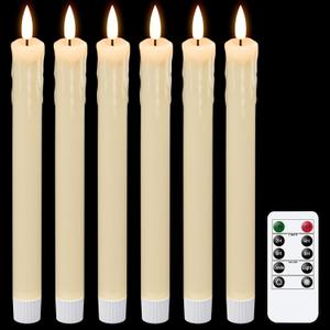 GenSwin Drip Wax Flameless Taper Candles Flickering with 10-Key Remote, Battery Operated Led Warm 3D Wick Light Window Candles Real Wax Pack of 6 Christmas Home Wedding Decor(Ivory, 0.78 X 9.64 Inch)